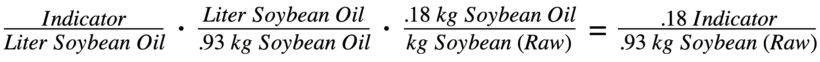 The equation used to convert values from soybean oil data points from per liter soybean oil to per kg soybean.